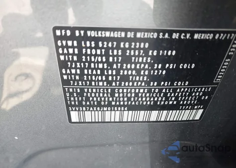 2018 Volkswagen Tiguan 2.0T Se/2.0T Sel z USA, uszkodzony, nr VIN 3VV3B7AX6JM015954